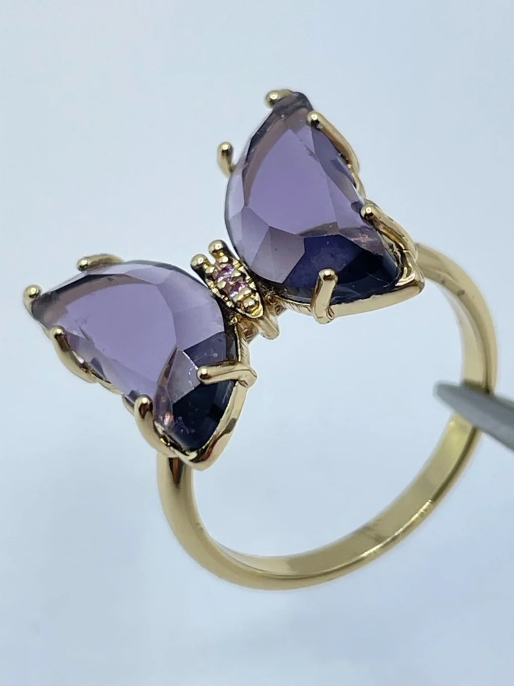 Purple Crystal Butterfly Ring Gold Statement Sz 8 Whimsical Boho Cottagecore
